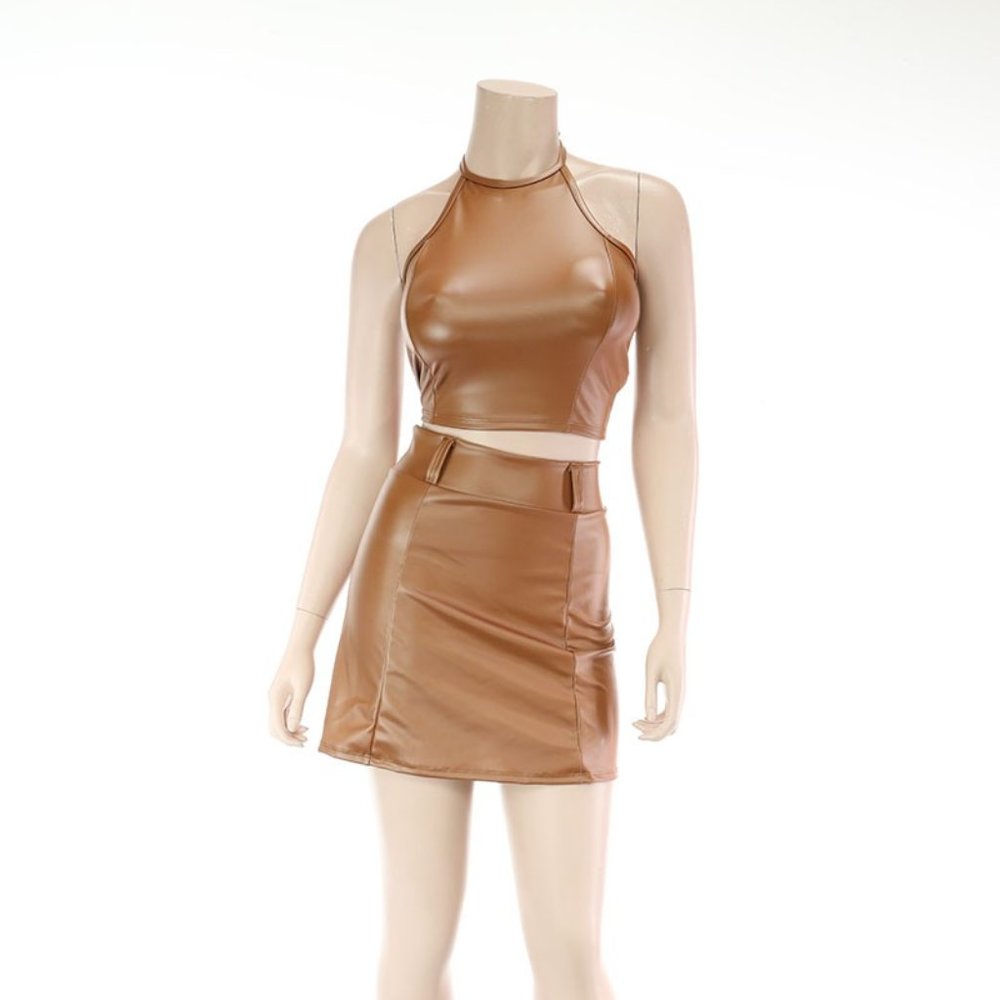 Chic, Sexy High Waist Style with the matching top, Pu Leather Women  Skirt Camel